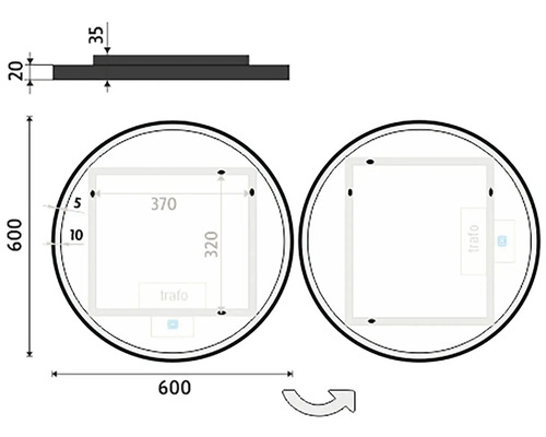 Technický nákres kruhového stropného svietidla s rozmermi