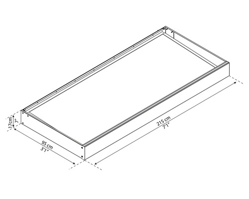 Technický nákres vyvýšeného záhona s rozmermi 215 x 95 x 17 centimetrov.