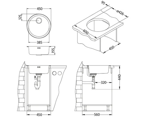 Technický výkres umývadla s rozmermi