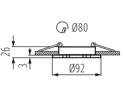 Technický nákres vstavaného bodového svietidla s priemerom 80 mm a 92 mm a výškou 26 mm a 3 mm.