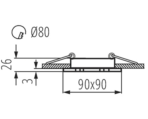 Technický nákres s rozmermi svietidla: priemer 80 mm, štvorec 90 x 90 mm, výška 26 mm a 31 mm