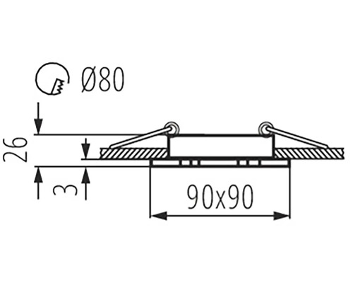 Technický nákres s rozmermi pre zapustené bodové svietidlo: priemer 80 mm, štvorec 90 x 90 mm, výška 26 mm a 3 mm