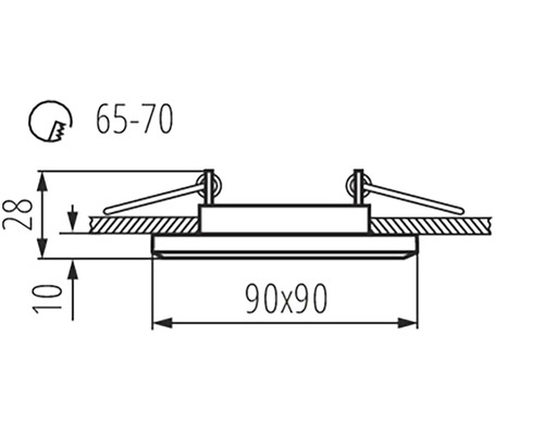 Technický nákres vstavaného svietidla s rozmermi 90 x 90 mm.