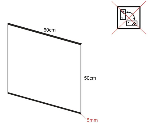 Ilustrácia dosky s rozmermi 60 x 50 centimetrov a hrúbkou 5 milimetrov, vedľa ktorej je symbol zakazujúci otáčanie dosky