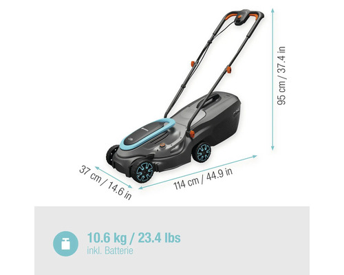 Akumulátorová kosačka Gardena s rozmermi a hmotnosťou