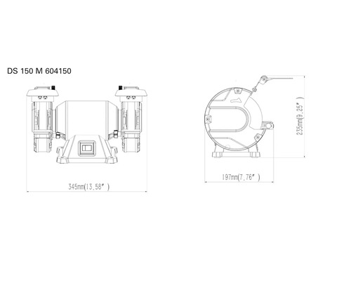 Technický nákres brúsky DS 150 M s rozmermi.