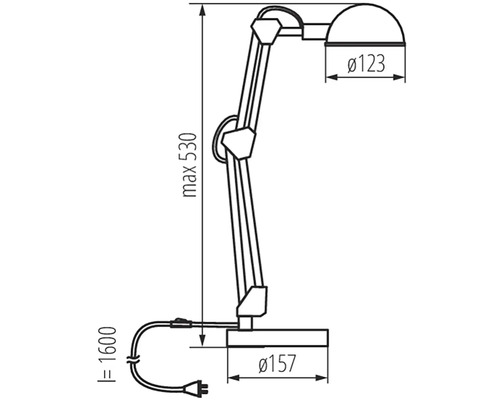 Technický výkres stolnej lampy s rozmermi.