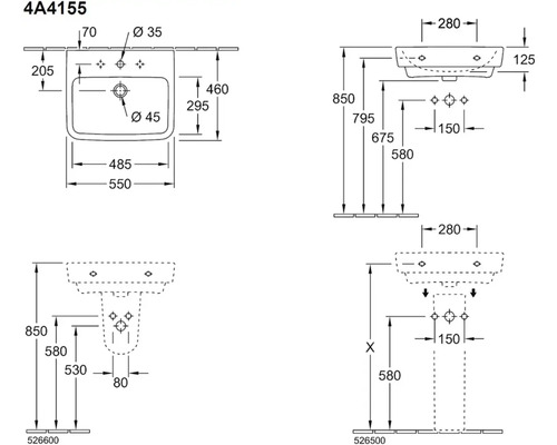 Technický nákres umývadla s rozmermi