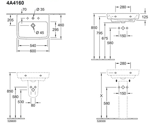 Technický nákres umývadla s rozmermi
