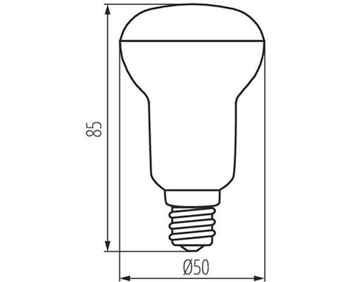 Nákres reflektorovej lampy s rozmermi 85 milimetrov výšky a 50 milimetrov v priemere