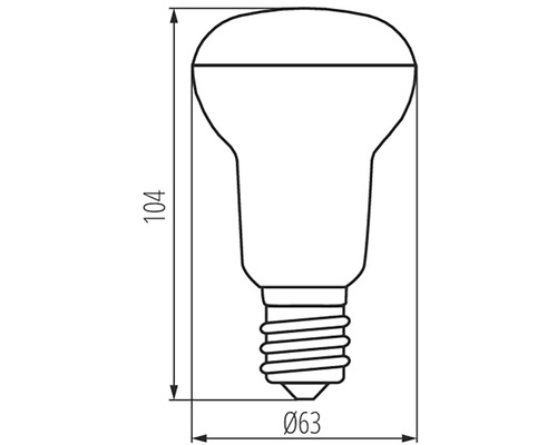 Technický nákres reflektorovej lampy s rozmermi 104 milimetrov výška a 63 milimetrov priemer.