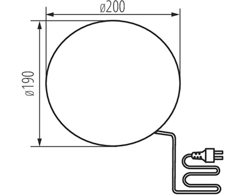 Technický nákres okrúhleho svietidla s rozmermi 200 mm priemer a 190 mm výška