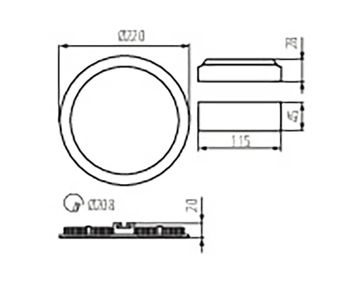 Technický výkres s rozmermi okrúhleho vstavaného LED svetla
