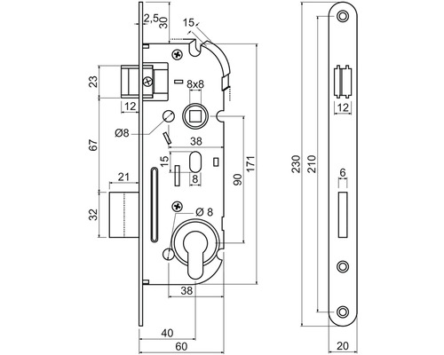 Technický výkres zadlabacieho zámku s rozmermi