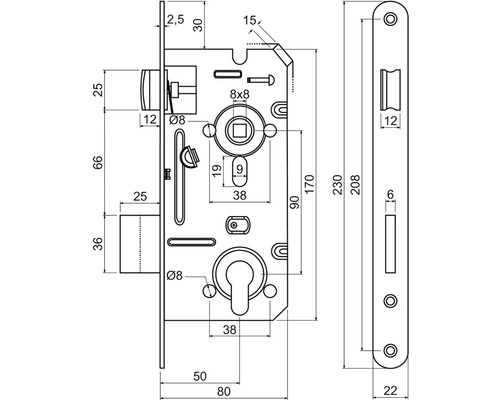 Technický výkres dverného zámku s rozmermi