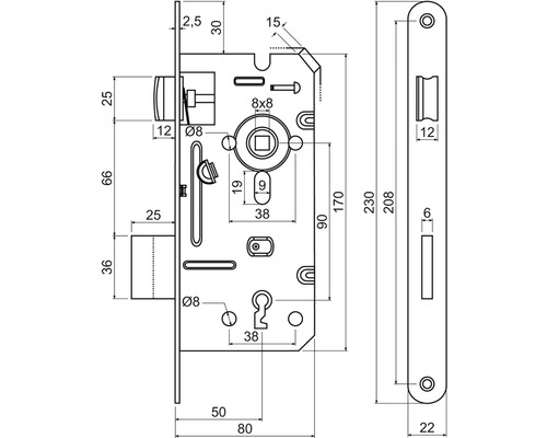 Technický výkres zadlabacieho zámku s rozmermi