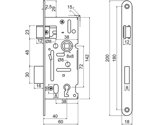 Technický nákres zámku dverí s rozmermi