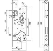 Technický nákres zadlabacieho zámku s rozmermi