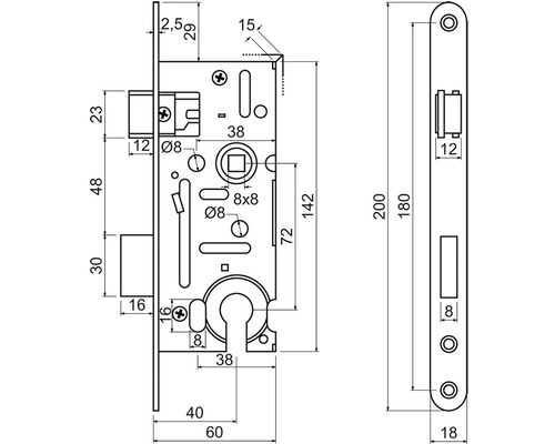 Technický nákres zadlabacieho zámku s rozmermi
