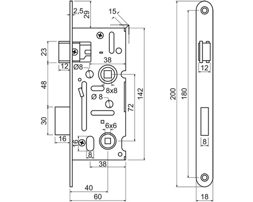 Technický nákres dverového zámku s rozmermi