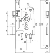 Technický výkres zadlabacieho zámku s rozmermi