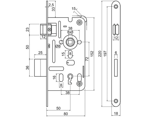 Technický nákres zadlabacieho zámku s rozmermi