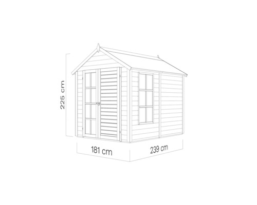 Nákres záhradného domčeka s rozmermi 181 cm šírka, 239 cm hĺbka a 225 cm výška