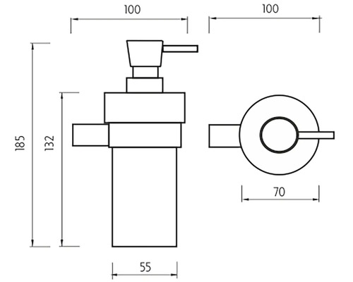 Technický výkres dávkovača mydla s rozmermi