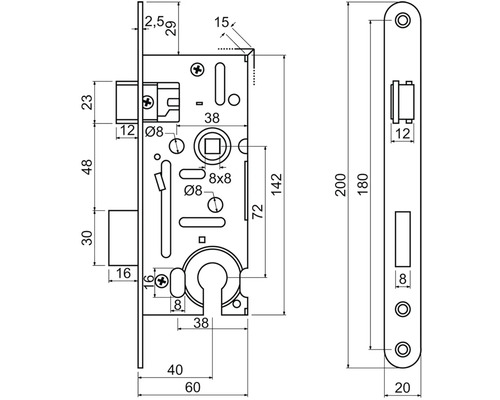 Technický nákres zadlabacieho zámku s rozmermi