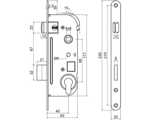 Technický nákres zadlabacieho zámku s rozmermi
