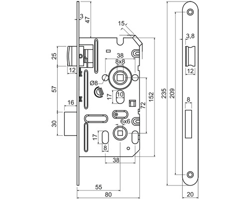 Technický nákres zadlabacieho zámku s rozmermi