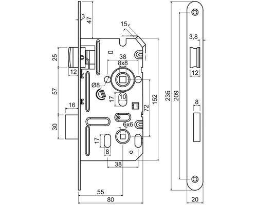 Technický výkres zadlabacieho zámku s rozmermi