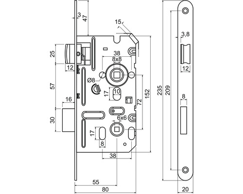 Technický nákres zadlabacieho zámku s rozmermi