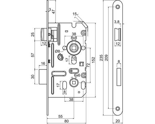 Technický nákres zadlabávacieho zámku s rozmermi