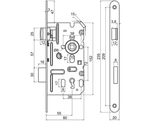 Technický nákres vložkového zámku s rozmermi