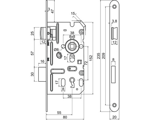 Technický výkres zadlabacieho zámku s rozmermi