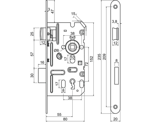 Technický nákres zadlabacieho zámku s rozmermi