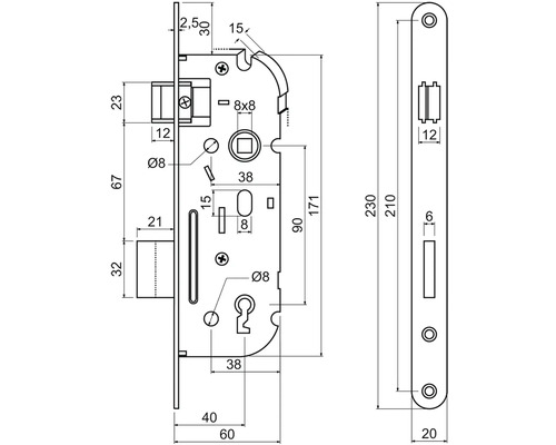 Technický nákres zadlabacieho zámku s rozmermi