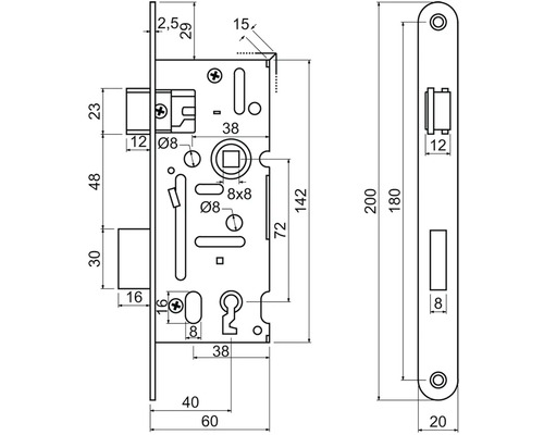 Technický výkres zadlabacieho zámku s rozmermi