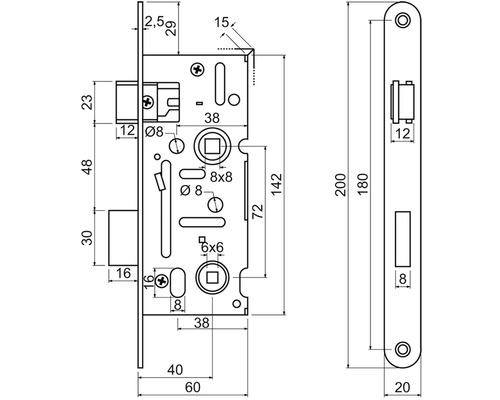 Technický nákres zadlabávacieho zámku s rozmermi