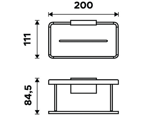 Technický nákres dávkovača mydla s rozmermi 200, 111 a 84,5 milimetrov.