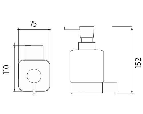 Technický výkres dávkovača mydla s rozmermi