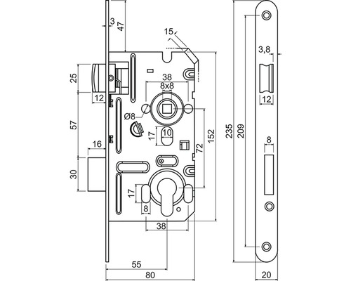 Technický nákres zadlabacieho zámku s rozmermi