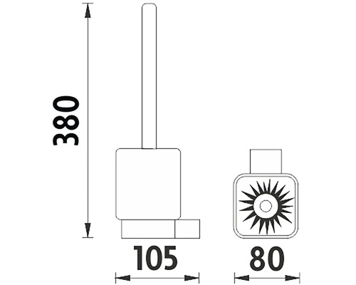 Technický nákres WC súpravy s rozmermi: výška 380 mm, hĺbka 105 mm, šírka 80 mm