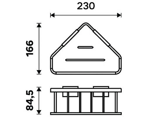 Technický nákres rohovej police s rozmermi