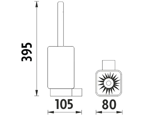 Technický výkres toaletnej kefy s rozmermi výška 395 mm, šírka 105 mm a hĺbka 80 mm.