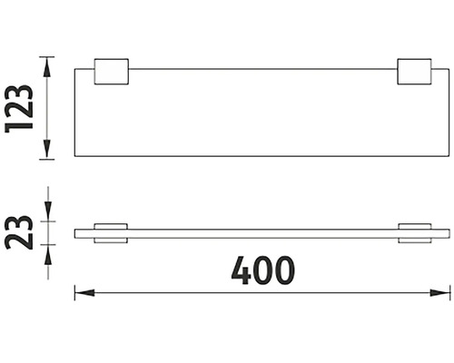 Technický nákres sklenenej police s rozmermi 400 x 123 x 23 mm