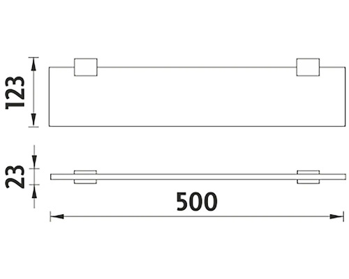 Technický nákres nástennej police s rozmermi 123, 23 a 500 milimetrov.