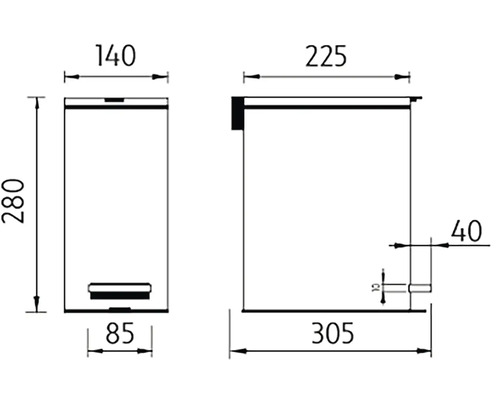 Technický nákres odpadkového koša s pedálom a rozmermi