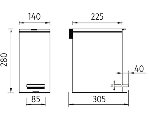Rozmerový nákres odpadkového koša s pedálovým ovládaním a rozmermi 280 x 140 x 305 mm